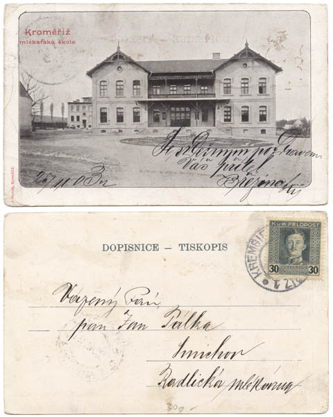 Pohlednice Kroměřížské mlékárenské školy z roku 1904.